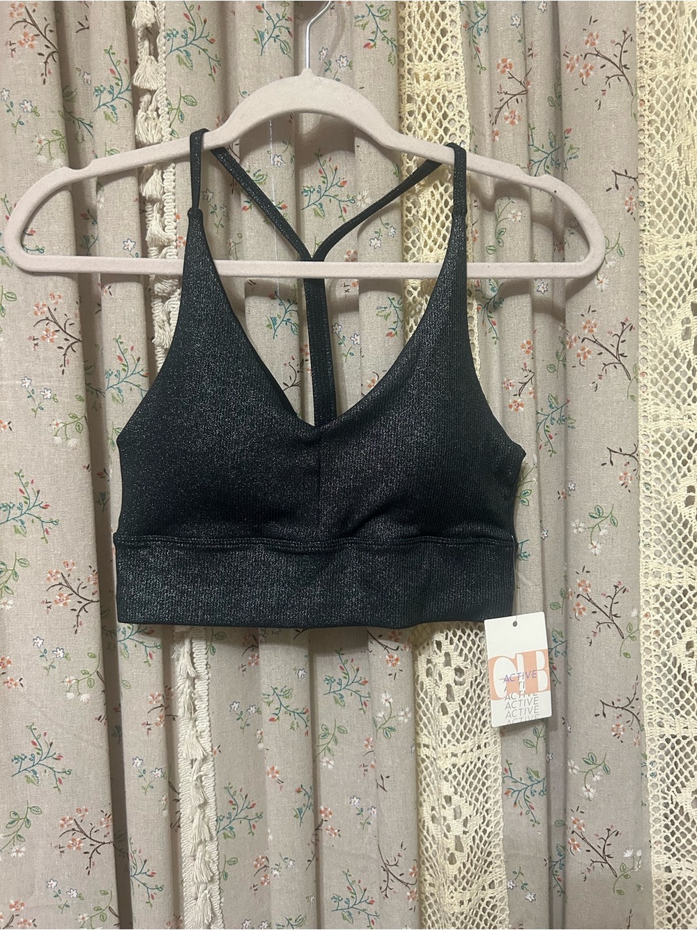 NWT GB Active Black Shimmer Strappy Sports Bra Size Medium